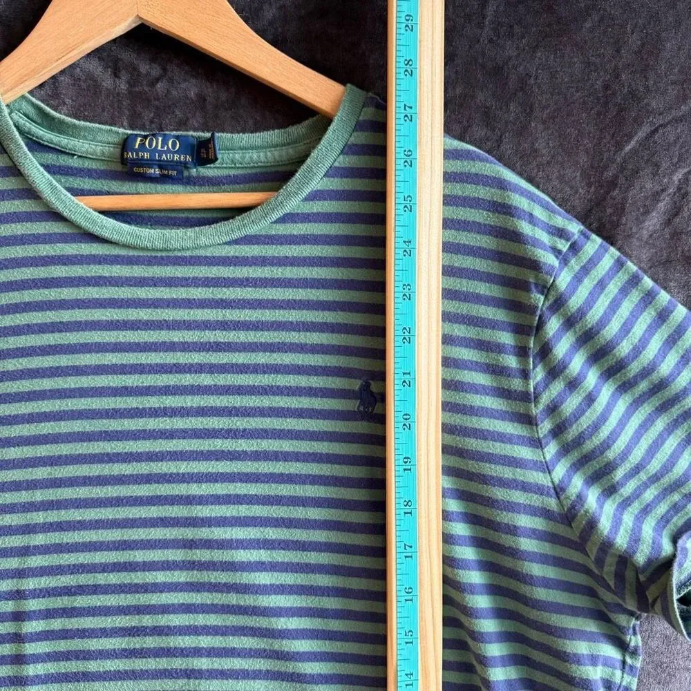 Polo Ralph Lauren Striped Tee Green Navy‎ Custom Slim Fit Mens XL Grunge Nirvana